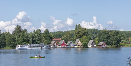 Boathouses, holiday homes on Lake Mirow, excursion boat, canoe, Mirow, Mecklenburg Lake District,