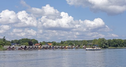 Boathouses, holiday homes on Lake Mirow, houseboat, Mirow, Mecklenburg Lake District,