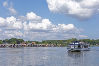 Boathouses, holiday homes on Lake Mirow, excursion boat, Mirow, Mecklenburg Lake District,