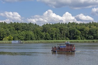 Houseboat, Zotzensee, Mecklenburg Lake District, Mecklenburg-Western Pomerania, Germany