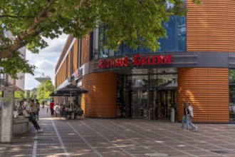 Wiesdorfer Platz shopping street, Rathaus-Galerie shopping centre, Wasserturm landmark Leverkusen,