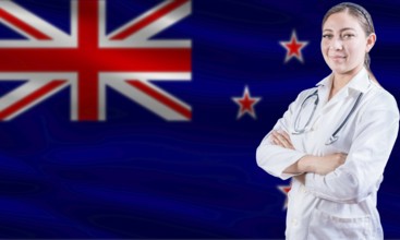 Female doctor on New Zealand flag. Doctor with crossed arms on New Zealand flag. New Zealand health