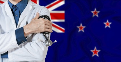 Doctor with stethoscope on New Zealand flag. Doctor holding stethoscope on New Zealand flag