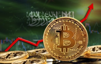 Bitcoin rising with Saudi Arabia flag in the background. Bitcoin with Saudi Arabia flag in the
