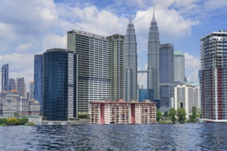 Kuala Lumpur city skyline seen from an infinity pool, Malaysia, Asia