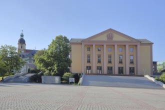 House of History and baroque Kreuzkirche, columns, open staircase, stairway, Platz der deutschen