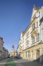 Villa built in 1900, neo-renaissance, and baroque Kreuzkirche, green carpet, stony path, Suhl,