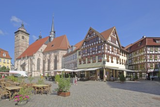 Late Gothic St George's Church and half-timbered houses with pedestrians, Altmarkt, Schmalkalden,