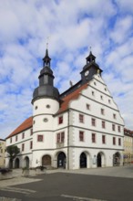 Renaissance town hall with turrets, market square, Hildburghausen, Franconia, Thuringia, Germany