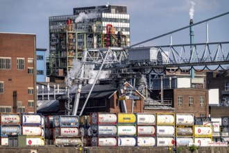 Scenery of Chempark Leverkusen, Bayer Leverkusen, chemical park, chemical plant, river Rhine, cargo