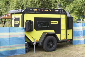 Penpod camping trailer at campsite, Shottisham, Suffolk, England, UK