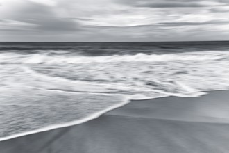 Skarðsvík Beach, surf waves on sandy beach, coastal landscape, monochrome, motion blur, Skardsvik,