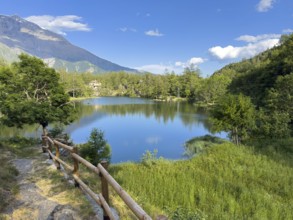 View of small picturesque romantic mountain lake Lago Grande near Moncenisio in Val Cenischia in