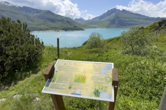 In the foreground information board with explanations about Jardin Alpin, in the background Lac du