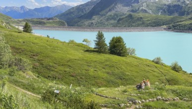 View of barrage dam with 1400 metre crest length in the eastern part southeast of Lac du Mont