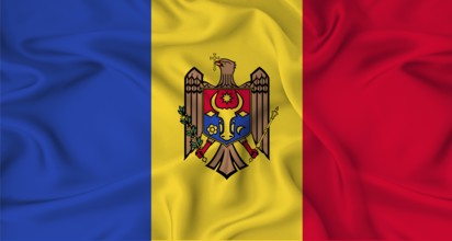 Realistic Moldova flag waving. Close up of flag of Moldova with cloth texture