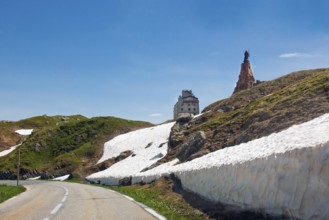View from last bend of alpine road pass road mountain road in front of pass summit of Little Saint