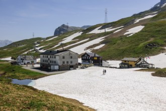 View of buildings Italian inns at the top of the Little Saint Bernard border pass between Italy and