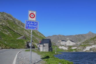Traffic sign Speed limit sign 30 km/h below information Col du Gd-St.Bernard Grand Saint Bernard