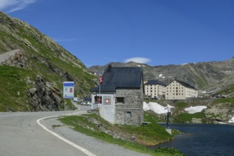 View of historic Swiss border building in the foreground Former passport control checkpoint