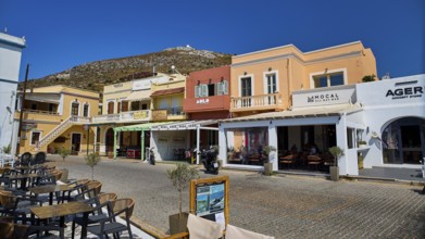 Colourful town centre with cafés, cobbled streets and sunny skies, Agia Marina, Leros, Dodecanese,