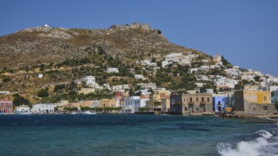 Panteli Fortress, Hilly coastal town with densely built blue and white houses, Agia Marina, Leros,