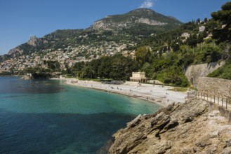 View of Roquebrune and Monaco, Plage du Golfe Bleu, Alpes Maritimes, Provence Alpes Cote d'Azur,
