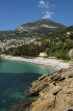 View of Roquebrune and Monaco, Plage du Golfe Bleu, Alpes Maritimes, Provence Alpes Cote d'Azur,
