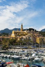 Town with colourful houses by the sea, Menton, Alpes Maritimes, Provence Alpes Cote d'Azur, French