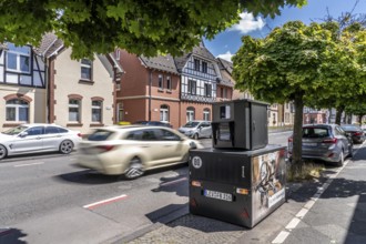 Semi-stationary speed camera in Nobelstraße, in the Wiesdorf district of Leverkusen, Bayer AG's