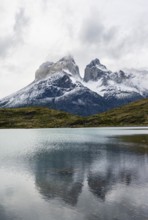 Cuernos del Paine mountain range, reflection in Lago Nordenskjöld, Torres del Paine National Park,