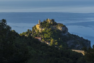 Picturesque mountain village above the sea, sunrise, Èze, Cote d'Azur, Alpes-Maritimes,