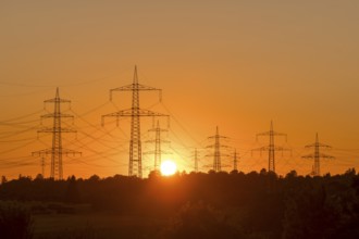 Electricity pylons in front of a glowing sunset on the horizon, Waiblingen, Baden-Württemberg,