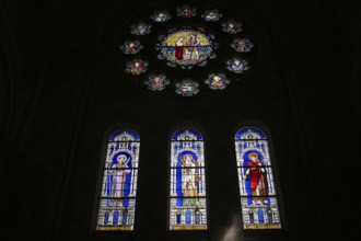Interior view, stained glass window, coloured stained glass, church Église Saint-Pierre et