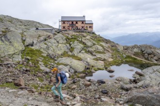 Mountaineer on a hiking trail, behind mountain hut Teplitzer Hütte, Stubai Alps, South Tyrol, Italy