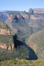 Blyde River Canyon with Three Rondawels peak, view of canyon with Blyde River and Table Mountains,