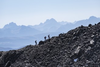 Hikers against the light on a ridge, Stubai Alps, South Tyrol, Italy