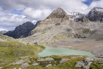 Adolf-Nossberger-Hütte, view of turquoise-blue mountain lake Großer Gradensee, Schober Group, Hohe