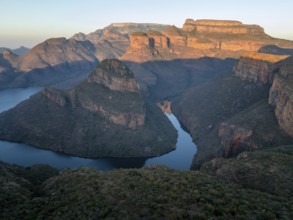 Sunset at Blyde River Canyon with Three Rondawels peak, view of canyon with Blyde River and table