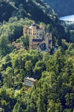 View from Neuschwanstein Castle to Hohenschwangau Castle, behind Schwansee, Schwangau,