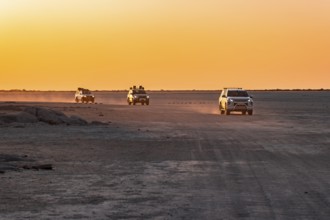 Tourists explore dry landscape by off-road car, Kubu Island (Lekubu), Sowa Pan, Makgadikgadi salt