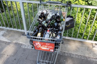 Shopping trolley overflowing with empty beer bottles on the mountain, Erlanger Bergkirchweih,