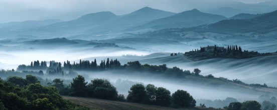 Beautiful foggy landscape in Tuscany, Italy, AI generated