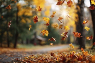 Beautiful autumn landscape with colorful foliage in the park, falling leaves natural background, AI