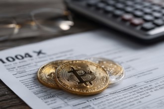 Bitcoin tax or cryptocurrency concept with US tax form 1040 IRS form in Individual Income Tax
