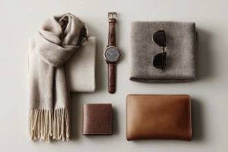 Beige and Brown Leather Accessories Flatlay. Modern business and lifestyle fashion accessories.