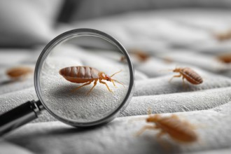 Bed bugs and dust mites concept with the magnifying glass. Allergy and old linen that contains