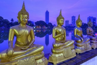 Buddha statues of Seema Malaka Temple at Beira Lake at sunset, Colombo skyline behind, Sri Lanka