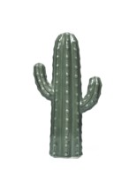 Small green ceramic cactus decorative object on white background