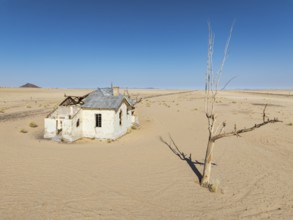 The long abandoned Garum train station in the southern Namib Desert. Aerial view. Drone shot.